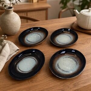 Vintage Peter Pots Pottery Tea Saucers Set of 4 Oval Stoneware Rhode Island MCM